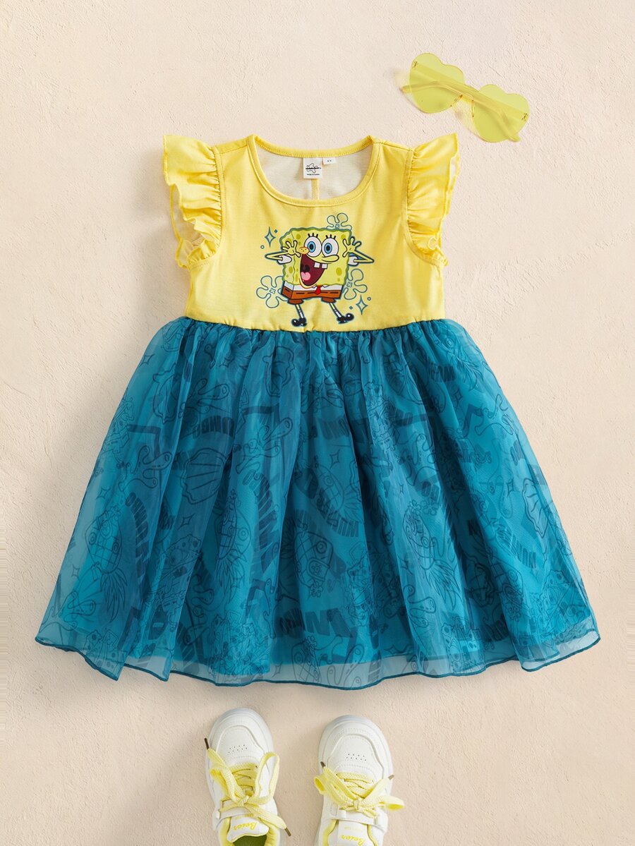 SpongeBob SquarePants | SHEIN Young Girl Cartoon Pattern Pleated Casual Daily Summer Dress - Yellow - View 1