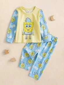 SpongeBob SquarePants | SHEIN Baby Boy Cartoon Print Long Sleeve Top And Pants Casual Daily Home Sleepwear Set - Yellow - View 1