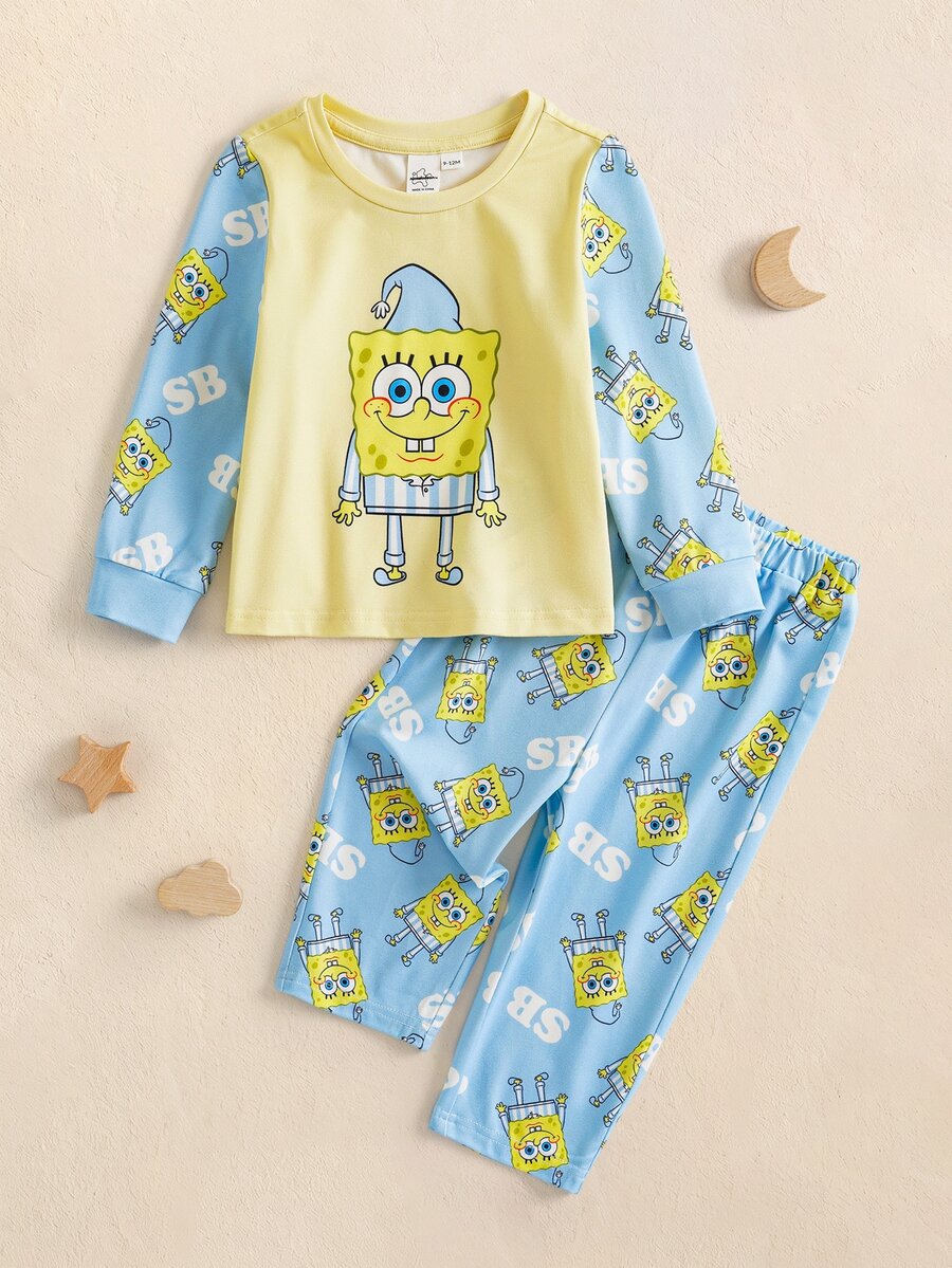SpongeBob SquarePants | SHEIN Baby Boy Cartoon Print Long Sleeve Top And Pants Casual Daily Home Sleepwear Set - Yellow - View 1