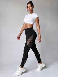 Slayform Slayform Women's Black Flocked Mesh Patchwork Sexy Sports Leggings - Black - View 6