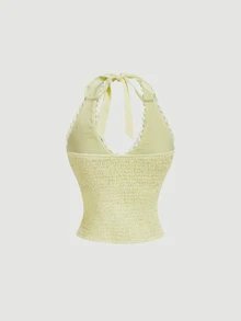 SHEIN MOD 女款蕾絲飾邊休閒百搭日常穿著掛脖上衣 - 綠色 - 查看 7