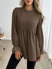 Easowa Women's Solid Color Pleated Casual Daily Long Sleeve Shirt - Brown - View 5