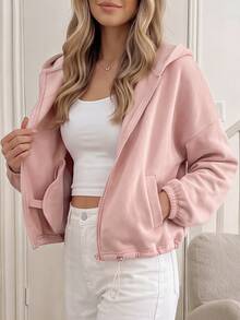 Easowa Women's Solid Color Drop Shoulder Long Sleeve Zip-Up Casual Sweatshirt - Pink - View 1