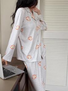 DAZY Women's Cartoon Print Button Up Top And Long Pants Pajama Set - Light Grey - View 3