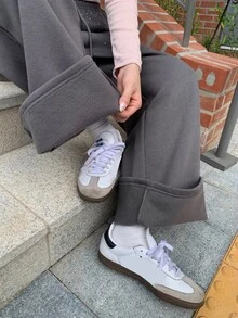 DAZY Solid Color Loose Rhinestone Thermal Lined Thick Elastic Waist Casual Street Style Korean Autumn/Winter Wide Leg Pants For Women - Grey - View 7