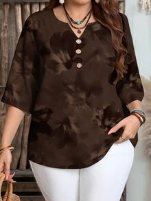 Mellowie Brown Tie-Dye Floral Casual Minimalist Plus Size Shirt, Suitable For Spring And Autumn Wear - Multicolor - View 1