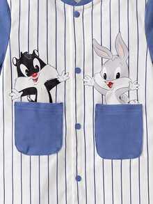 LOONEY TUNES X SHEIN Baby Boy Cartoon Pattern Striped Casual Daily Short Sleeve Romper - Blue - View 4