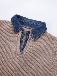 Louniche Autumn/Winter Korean Style Soft Knit Sweater, Denim Collar Patchwork Design Vintage Preppy Style Ribbed Knit Cardigan, Half-Open Front 2 In 1 Design Casual Commute Women's Sweater - Khaki - View 5