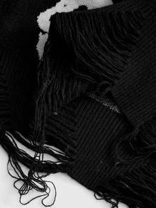 ROMWE Dark Gothic Skull Moth Plant Jacquard Loose Pullover Sweater Plus Size - Black - View 6