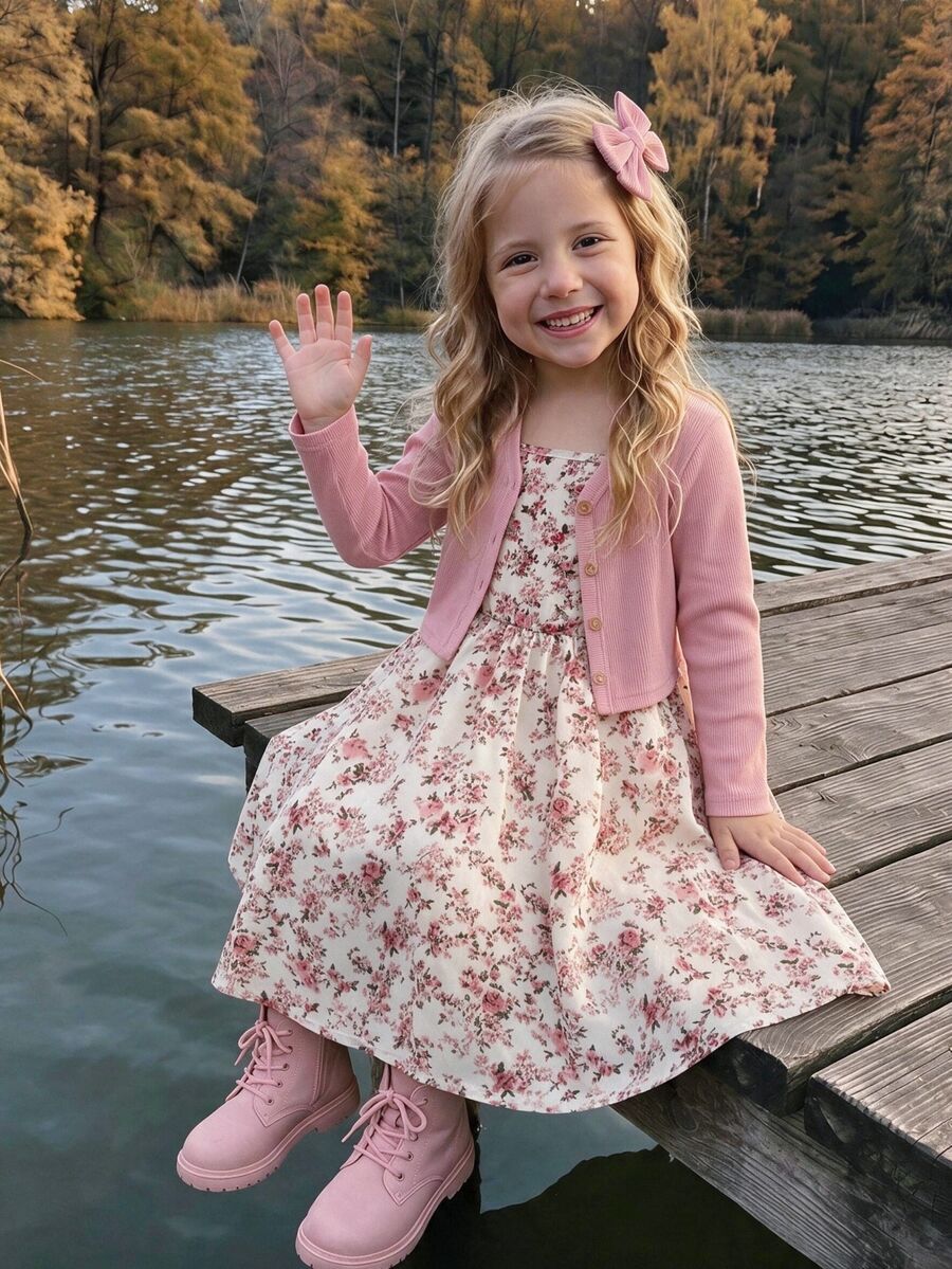 SHEIN Young Girl Knit Solid Color V-Neck Cardigan & Woven Ditsy Floral Dress 2pcs Set