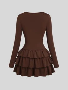 SHEIN Sweetro Spring Autumn Winter French Elegant Round Neck Asymmetric Twist Metal Decor Slimming Pleated Cocktail Cake Dress For Women - Coffee - View 2