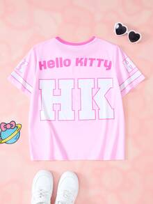 HELLO KITTY AND FRIENDS | SHEIN Kaos Lengan Pendek Kasual Harian untuk Anak Perempuan Tween dengan Cetak Kartun Huruf - Berwarna merah muda - View 2