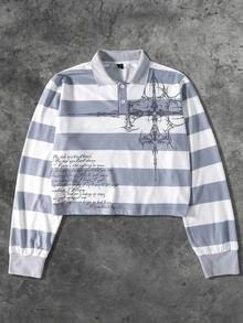 ROMWE MEN Street Life Spring Casual Pattern Men's Half-Zip Long Sleeve Angel Stripe Fashion Print Pullover Sweatshirt, Y2K - Grey - View 1