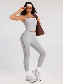 Dewbera Dewbera Women's Minimalist Tank Top And Striped Colorblock Long Pants Sports Set - Grey - View 1