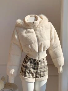 Comfortcana Women's Versatile Elegant Faux Fur Patchwork Hooded Thick Coat - White - View 5