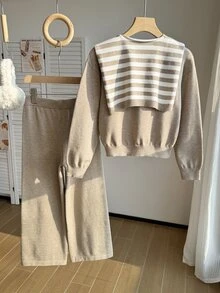 Girls' Autumn/Winter Fashion Pattern Jacquard Knit Sweater Long Sleeve Pullover & Long Pants Set - Camel - View 2