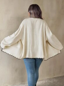 SHEIN CURVE+ Cardigan Rajut Wanita Ukuran Plus dengan Blok Warna dan Hem Melengkung - Aprikot - View 2