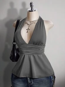 SHEIN ICON 大尺碼掛脖深V領收腰A字露背灰色背心，復古性感優雅Y2K娃娃裝，適合外出夜店夏季穿搭 - 灰色 - 查看 7
