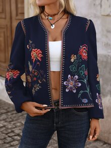 Brillora Women's Floral Pattern Casual Daily Long Sleeve Jacket - Navy Blue - View 10