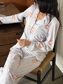 DAZY Women's Cartoon Print Button Up Top And Long Pants Pajama Set - Light Grey - View 6