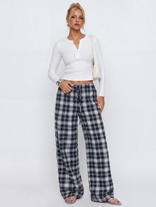Avantive Women's Plaid Pattern Loose Casual Long Pants - Navy Blue - View 7