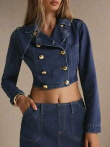 Poéselle Women's Cropped Double Breasted Denim Jacket With Gold Buttons And Notched Lapel, Elegant - Dark Wash - View 6