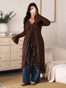 Enliva Plus Size Women's Lace Longline Cardigan Open Front Ruffle Bell Sleeve Duster Halloween Inspired Boho Witchy Cover Up Flattering Compatible With Apple Shape - Brown - View 5