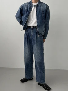 DAZY Spring/Autumn Men's Henley Collar Jacket Style Small Stand Collar Button-Up Blue Washed Distressed Denim Outerwear - Blue - View 4