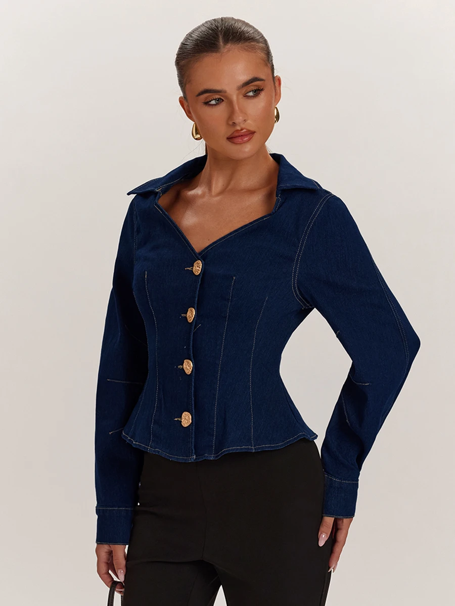 SHEIN BAE Women's Sexy V-Neck Metal Buckle Denim Jacket - Blue - View 1