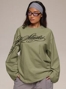 MUSERA 白色圖形 Logo 細節長袖上衣 冬季休閒日常舒適穿搭 女款酷白色上衣 - 橄欖綠 - 查看 5