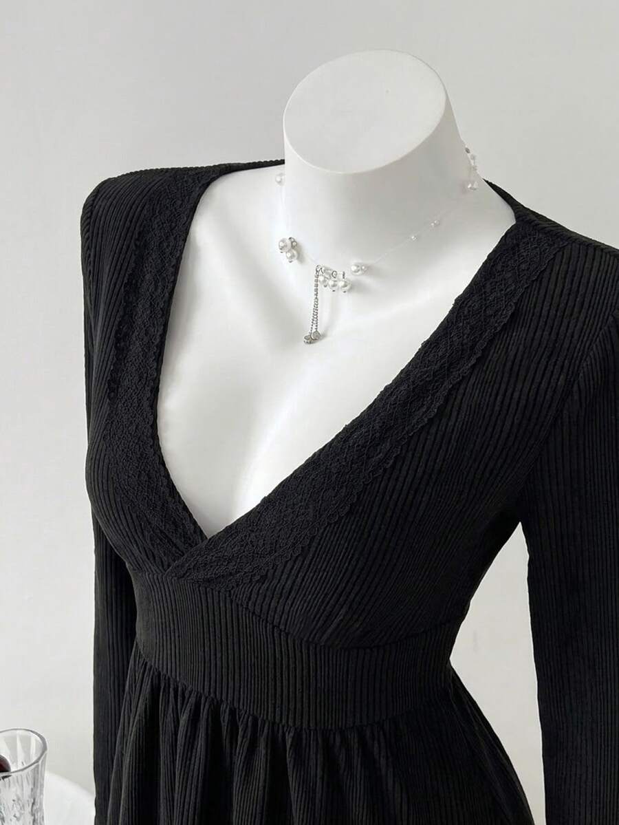 Flirla Autumn/Winter Casual Versatile Lace Deep V-Neck Long Sleeve Top - Black - View 1