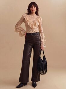 CielaLinda Celana Flare Wanita PU Cokelat Tua, Celana Kulit Sintetis Cokelat - Coklat - View 6