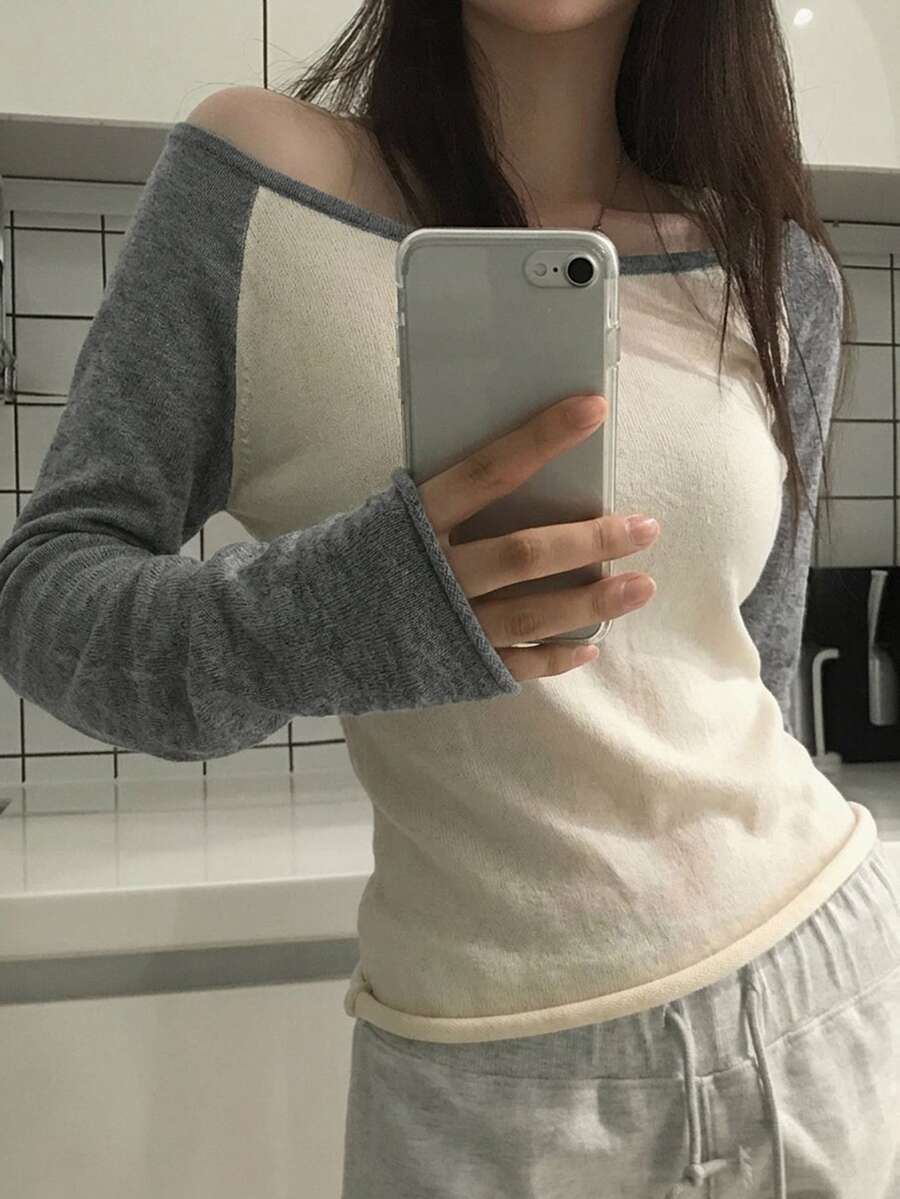 DAZY 女款不對稱肩拼接配色長袖韓系清新女孩毛衣 - 杏色 - 查看 1