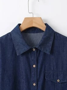 SHEIN CURVE+ Plus-Size Casual Denim Printed Shirt For Commuting Summer Outfits, Holiday Outfits, Beach Outfits, Fall - Blue - View 5