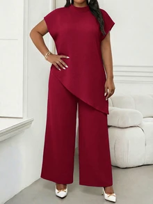 SHEIN Lady 大尺碼女款純色休閒日常穿著上衣 - 酒紅色 - 查看 3