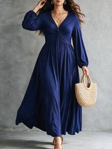 Linhara CURVE Plus Size Women's Autumn/Winter V-Neck Dress, Casual Vacation Style, Suitable For Daily Wear, Vacation, Leisure Outings Fall - Navy Blue - View 3