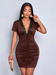 SOLERSUN Sexy Elegant Party Lace V-Neck Fitted Bodycon Mini Skirt For Women Spring Summer (Random Lace Trim) - Brown - View 10