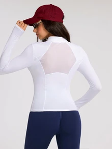 Easithlete Women's Minimalist Zipper Half Placket Mesh Patchwork Equestrian Riding Top - White - View 2