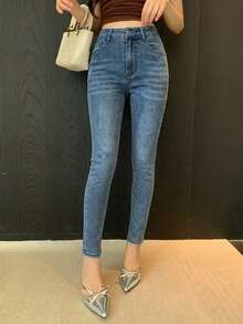 DAZY Fall Korean Style High Waist Blue Washed Distressed Slim Fit Pencil Cropped Jeans For Women Everyday Work Casual - Blue - View 7
