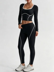 SHEIN Dewbera Women's Minimalist Long Sleeve Top And Striped Colorblock Pants Sports Set - Black - View 4