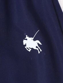 SHEIN 青少年女孩學院風馬匹圖案拉鍊運動套裝，海軍藍防風夾克外套與運動長褲2件組，休閒運動慢跑居家運動套裝 - 藍色 - 查看 7