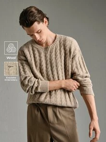 Calmiston 男士純色休閒百搭日常穿著長袖針織衫 - 卡其色 - 查看 1