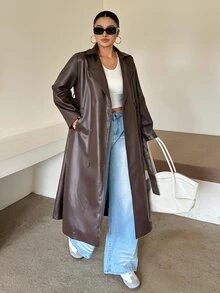 Dazy Plus PU Leather Loose Blogger Casual Streetwear Long Coat, Autumn/Winter - Brown - View 4