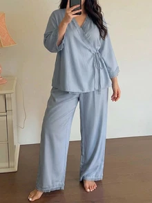 Dazy Plus Casual Minimalist Asymmetric Front Tie Top & Pants 2pcs Set Home Wear Elegant Pajama Outfit - Blue - View 2
