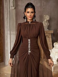 Aureia Elegant Chiffon Pleated Rhinestone Decor Cinched Waist Dress Suitable For Weddings, Parties - Khaki - View 4