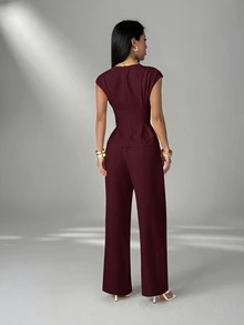 SHEIN PETITE 女款收腰百褶襯衫與寬腿褲兩件套 - 酒紅色 - 查看 7
