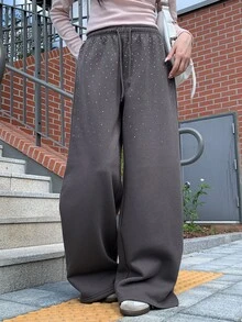 DAZY Solid Color Loose Rhinestone Thermal Lined Thick Elastic Waist Casual Street Style Korean Autumn/Winter Wide Leg Pants For Women - Grey - View 4