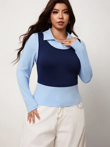 Enliva Plus Size Women's Faux Two Pieces Long Sleeve Collared T Shirt Layered Look Halloween Inspired Easy Cosplay Top Flattering Compatible With Apple Shape - Blue - View 5