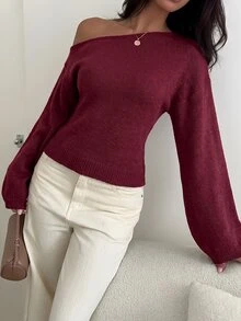 Aloruh 女款休閒秋季新款針織不對稱肩喇叭袖長袖寬鬆收腰花卉毛衣 - 酒紅色 - 查看 6