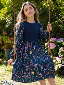 Tween Girls Dress, Navy Blue, Slim Fit, Casual Wear, Fashionable Versatile, Elegant, Floral, Ruffle, Party, Print, Autumn, Sweet - Multicolor - View 4
